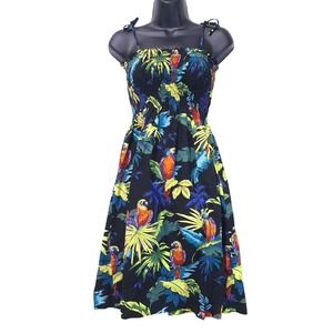 Puanani by RJC Hawaii Tropical Parrot Smocked Sundress Womens XL Black Beachwear